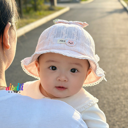 女婴儿帽子春夏季薄款网孔遮阳渔夫帽小月龄女宝宝公主风超萌洋气