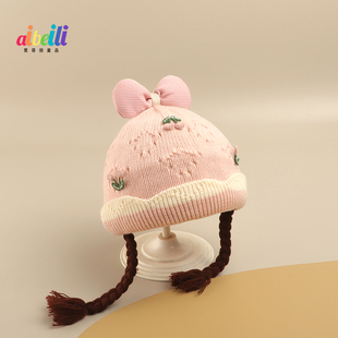 婴儿帽子秋冬季针织毛线帽可爱假发辫子女宝宝公主帽冬天保暖超萌