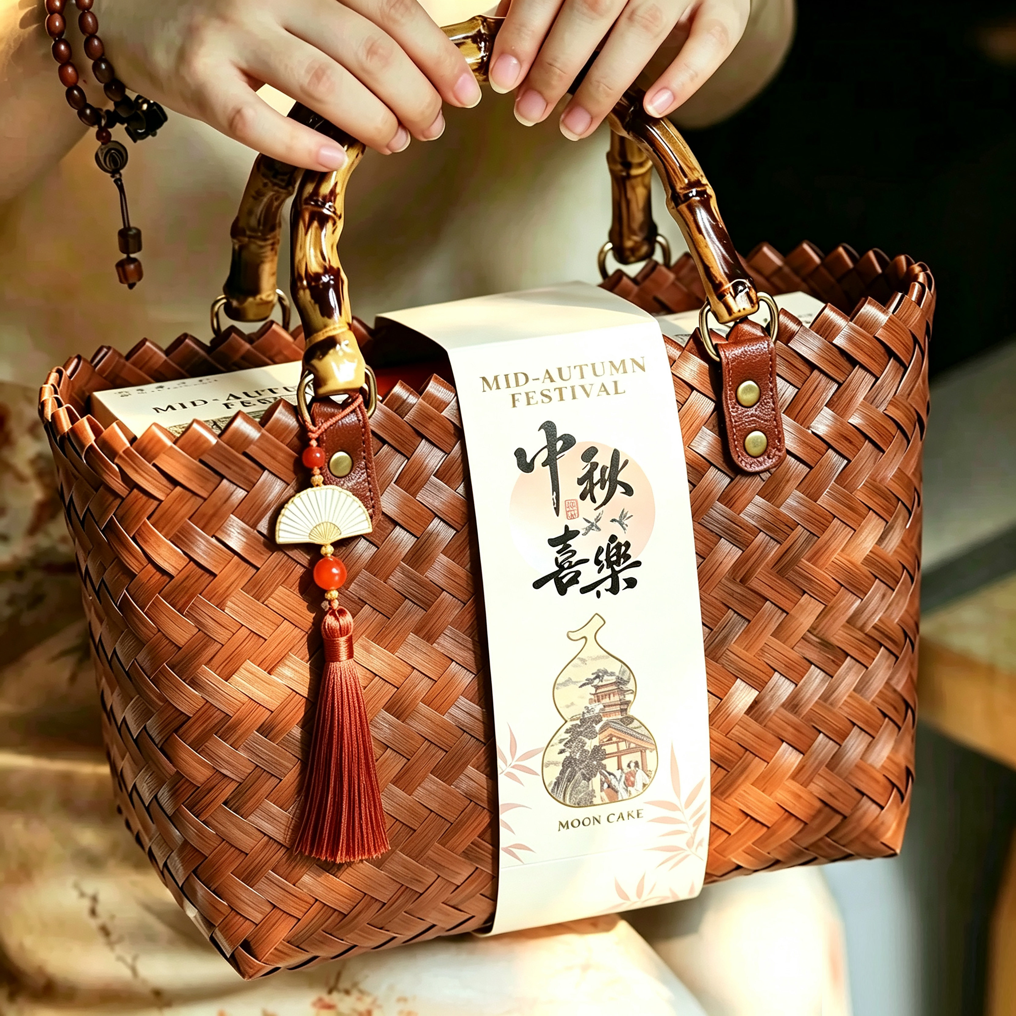 2026中秋节月饼礼盒包装盒酒店仿藤编织手提篮流心蛋黄酥盒子空盒