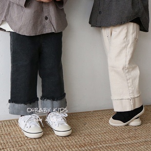 韩国南大门进口童装19秋 男女童宝宝时尚阔腿直筒卷边休闲牛仔裤