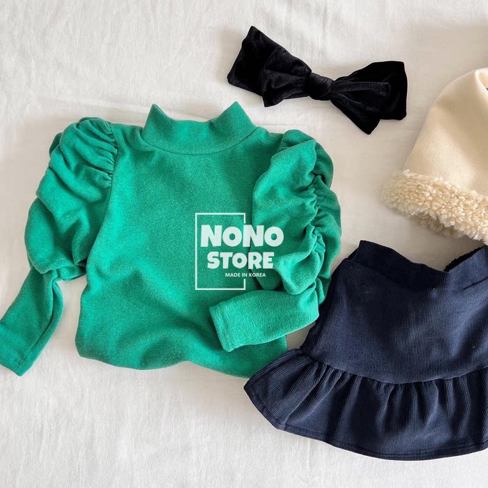 nono韩国童装代购22秋新~女童宝宝气质泡泡袖半高领t恤打底衫上衣