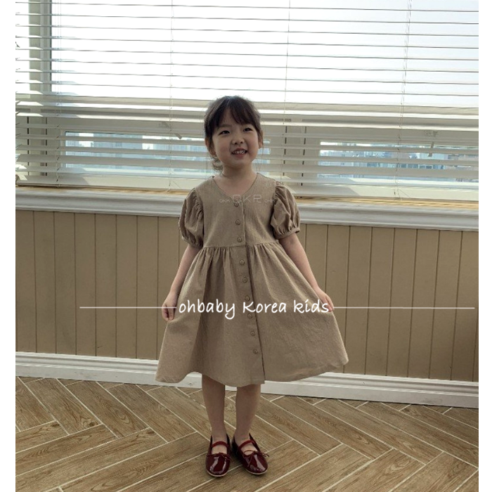ohbaby韩国进口童装19夏new女童宝宝复古V领泡泡袖洋气时髦连衣裙