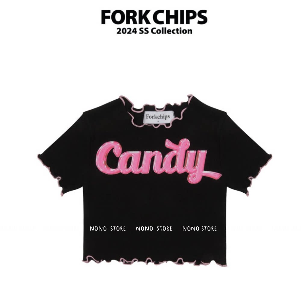 白色M码100~forkchips女童大童字母木耳边修身露脐短袖T恤