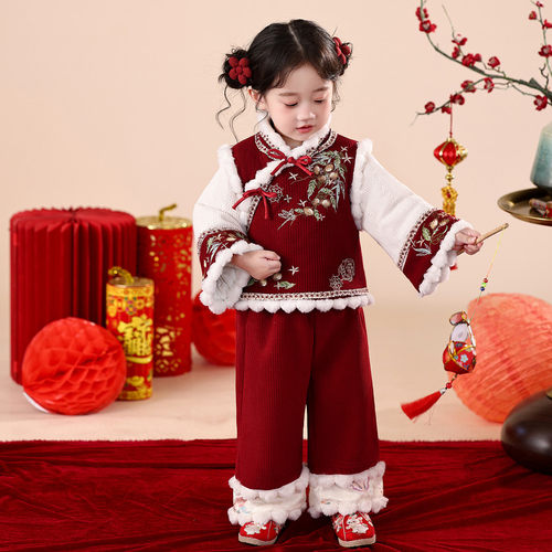 女童汉服拜年服2025冬装女宝宝唐装过年服喜庆儿童套装周岁礼服3