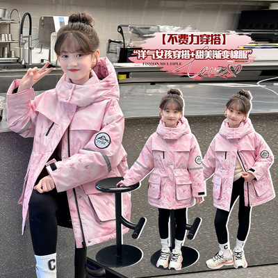 2025新款女童渐变羽绒棉服中长款冬季加厚保暖棉袄连帽反光棉袄潮