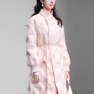 冬季新款新中式半高领灯笼袖系带收腰国风刺绣白鸭绒羽绒服