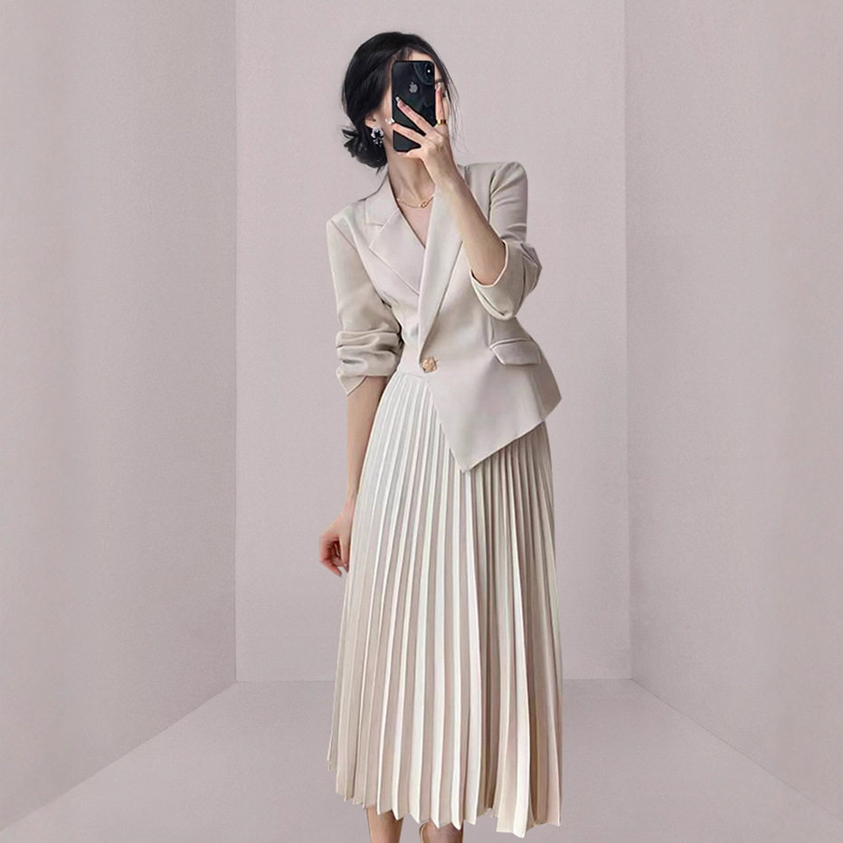 2025秋装新款西装裙拼接时尚收腰OL白领职业装中长百褶连衣裙1168