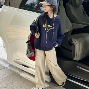 女童秋装套装2025春秋洋气大童韩系连帽笑脸卫衣休闲工装裤两件套