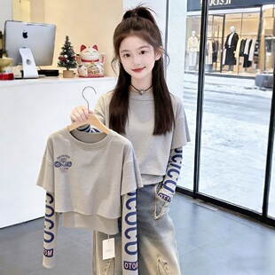 潮流中大童设计感印花上衣 T恤女童新款 纯棉儿童春秋季 假两件长袖
