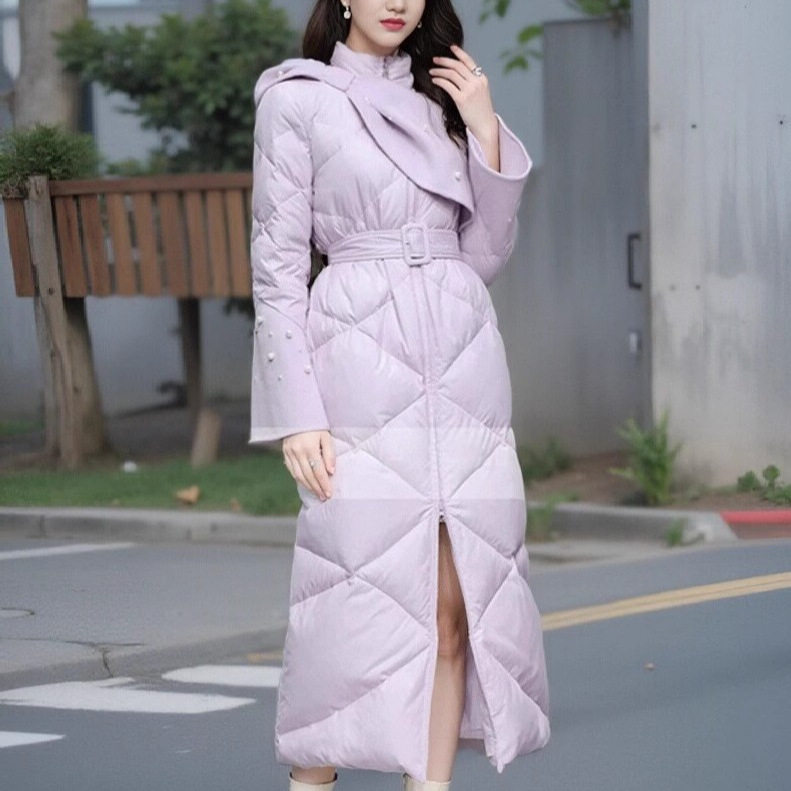 冬季新款拼接双面呢珍珠梦幻浪漫紫色气质甜美羽绒服90白鸭绒