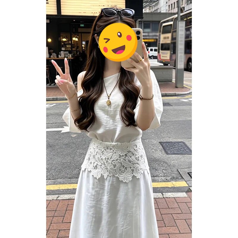 温柔系炸街奶乖两件套夏季新款纯欲风露肩上衣时尚蕾丝拼接半身裙