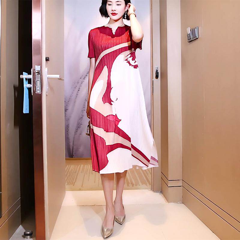 2025夏装新款时尚撞色印花褶皱减龄宽松显瘦长款连衣裙DCA1261