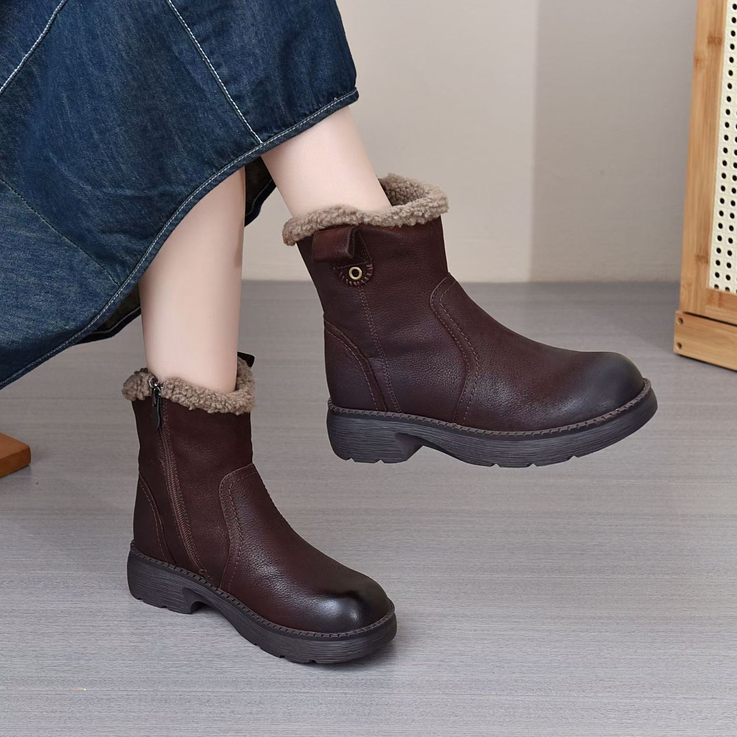 2025冬季新款圆头复古头层牛皮加绒保暖高帮女式棉鞋休闲百搭