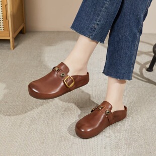 2026头层软牛皮女鞋博肯拖鞋女擦色女棕色中跟乐福鞋lp乐福鞋