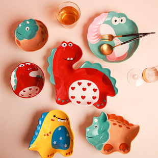 可爱创意恐龙造型陶瓷釉下彩餐具 儿童饭盘餐盘碟米饭碗套装家用
