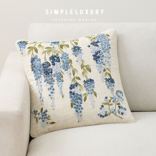 简单 客厅沙发床头装 奢华 纯亚麻刺绣 饰抱枕靠枕靠垫 紫藤花