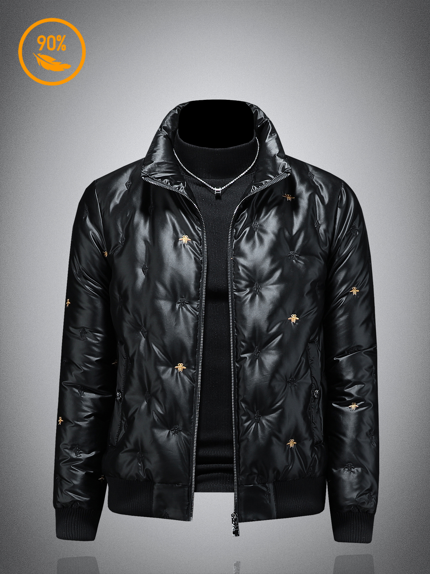 thumbnail for Matte glossy down jacket men's embroidery high-end trend black cropped embroidered stand-up collar winter coat down jacket