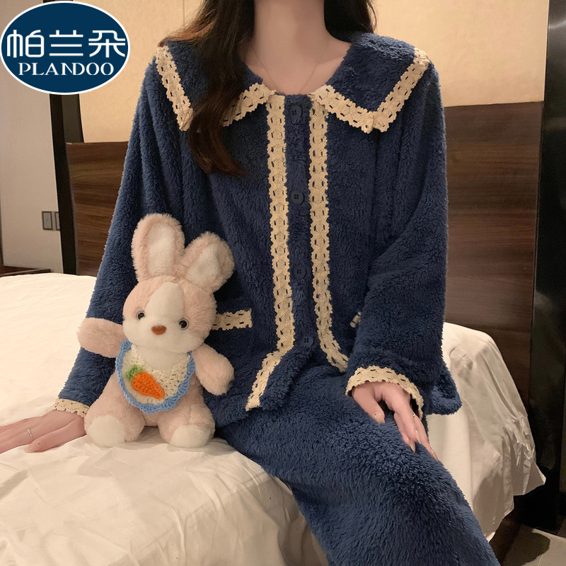 珊瑚绒睡衣女士冬季2025新款加厚法兰绒韩版开衫小香风家居服套装