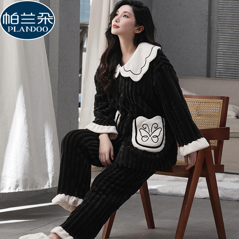 珊瑚绒睡衣女士秋冬季2025新款法兰绒加厚翻领公主风可外穿家居服