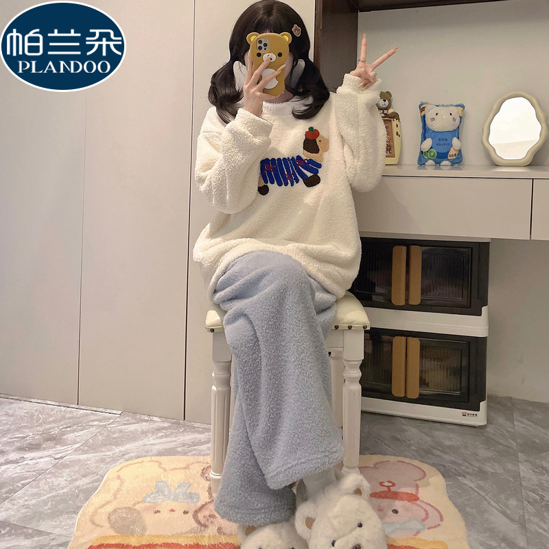 珊瑚绒睡衣女款冬季半边绒加绒加厚长袖套头网红腊肠狗家居服套装