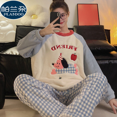 法兰绒睡衣女款秋冬季加厚珊瑚绒2025新款长袖长裤卡通格子家居服