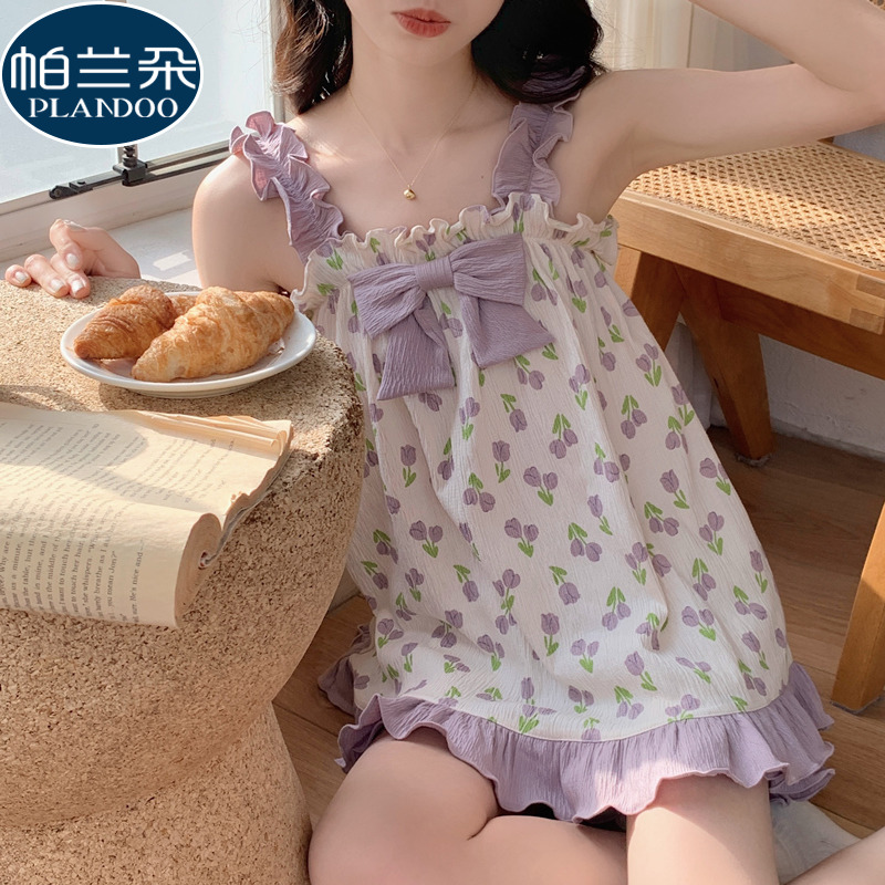 吊带睡衣女士夏天纯棉短裤甜美风花朵两件套装薄款夏季家居服套装