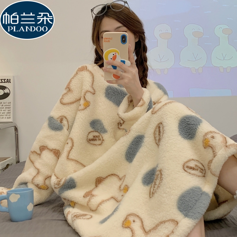 中长款睡裙女士秋冬季加绒加厚珊瑚绒睡衣女款冬天保暖毛绒家居服