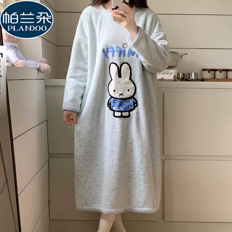 秋冬季半边绒睡裙女珊瑚绒2025新款睡衣连衣裙少女可爱兔子家居服