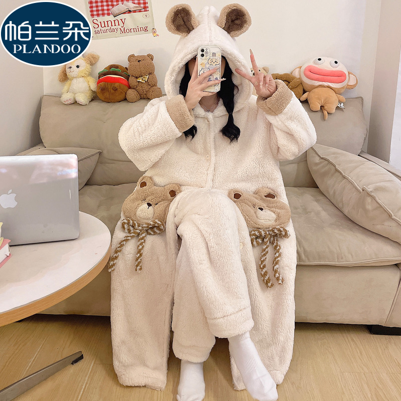 珊瑚绒睡衣女款连帽睡袍套装秋冬季法兰绒2025新款卡通小熊家居服
