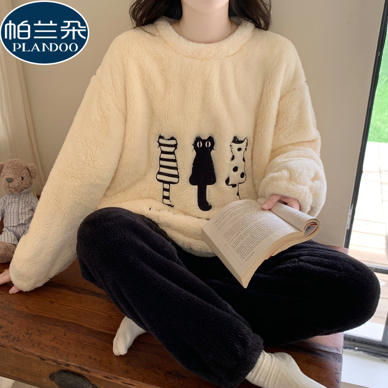 睡衣女可外穿冬天法兰绒秋冬款加厚珊瑚绒长袖韩版时尚家居服套装