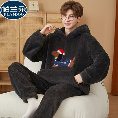 2025新款珊瑚绒睡衣男款秋冬季加厚法兰绒学生连帽卡通家居服套装