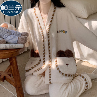 半边绒睡衣女可外穿冬天加绒加厚保暖珊瑚绒小个子家居服秋冬套装