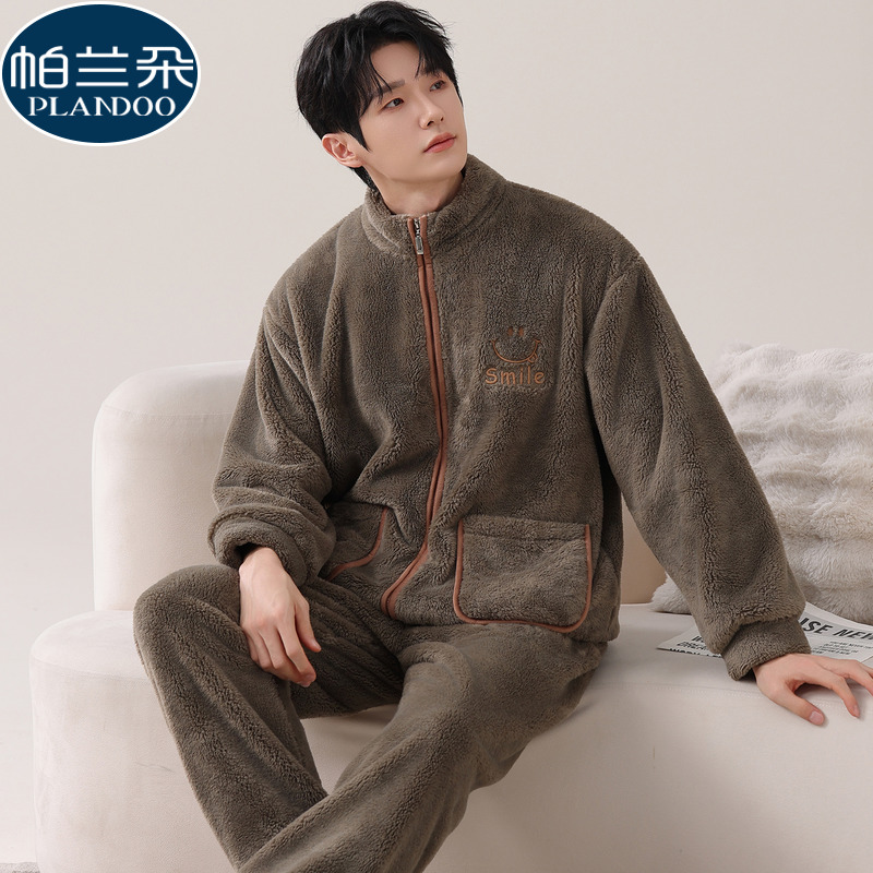 冬季睡衣男2025新款冬天可外穿保暖雪花绒加厚珊瑚绒休闲风家居服