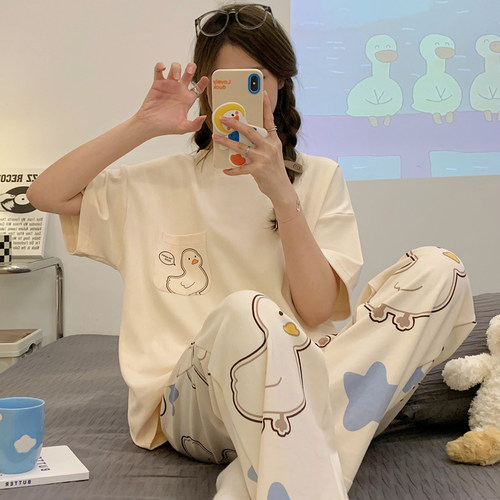 100%纯棉夏季短袖长裤睡衣