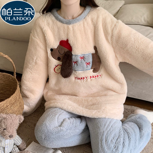 珊瑚绒睡衣女款秋冬季加厚法兰绒2025新款长袖套头卡通家居服套装