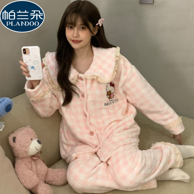 2025新款珊瑚绒睡衣女款秋冬季法兰绒开衫少女可爱格子家居服套装