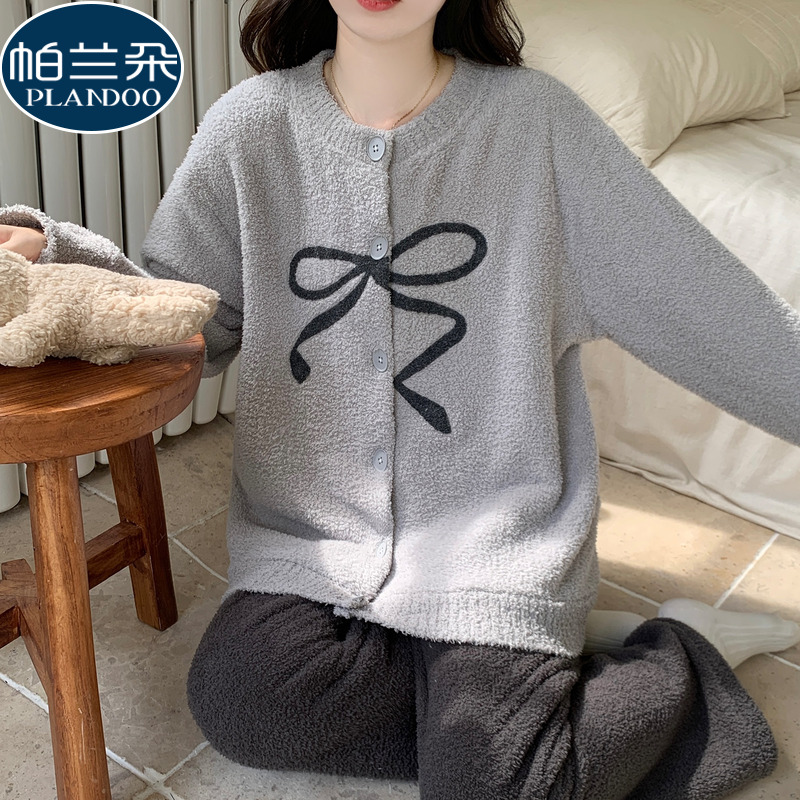 2025新款可外穿半边绒睡衣女款秋冬季珊瑚绒开衫高级感家居服套装