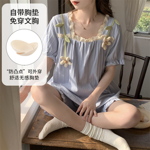 方领套头薄款 带胸垫睡衣女款 短裤 夏季 休闲甜美网红风家居服 短袖