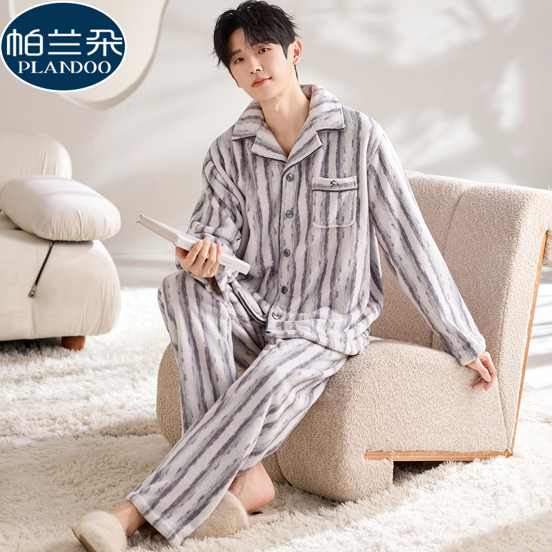 珊瑚绒睡衣男款冬季加厚法兰绒2025新款长袖条纹家居服套装可外穿