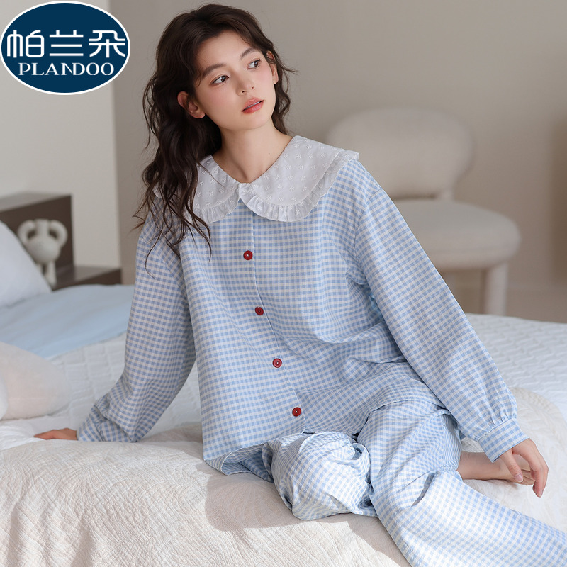 云朵棉睡衣女长袖春秋季双层纱布