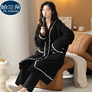 珊瑚绒睡衣秋冬季女款加绒加厚2025新款中长款法兰绒家居服可外穿