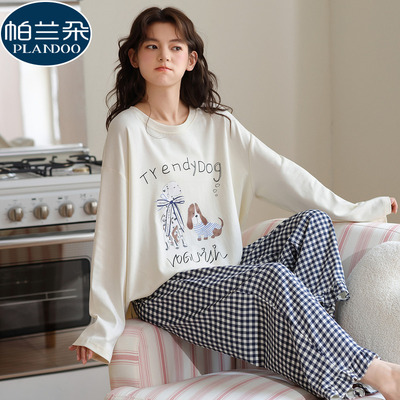 女款春秋季睡衣纯棉长袖长裤套头可爱卡通休闲时尚少女套装可外穿