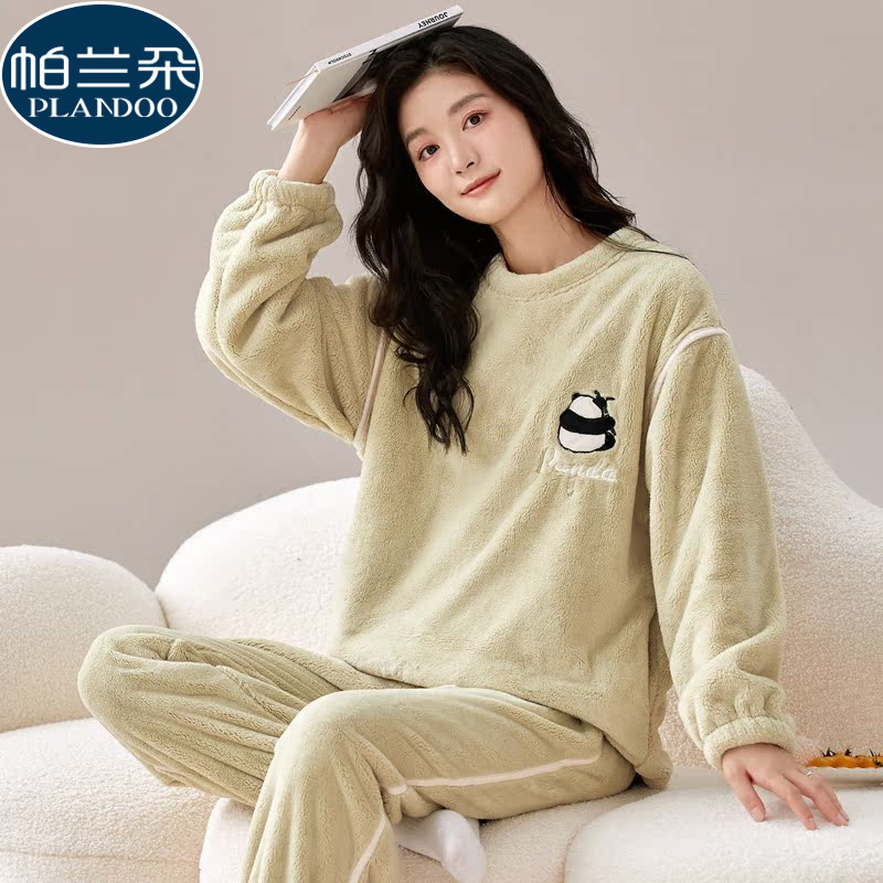 睡衣女冬季保暖加绒加厚珊瑚绒秋冬款法兰绒可外穿卡通家居服套装