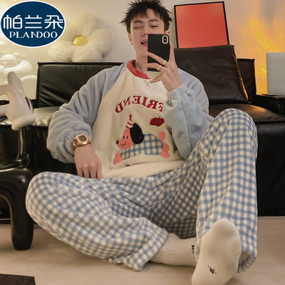法兰绒睡衣男款秋冬季2025新款珊瑚绒加厚套头卡通网红格子家居服