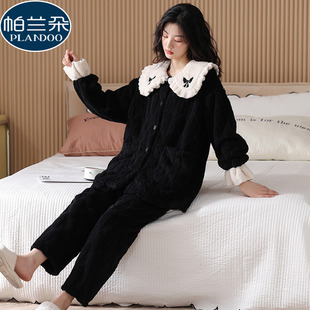 睡衣女款冬季加绒加厚珊瑚绒家居服秋冬款休闲黑色高级感时尚套装