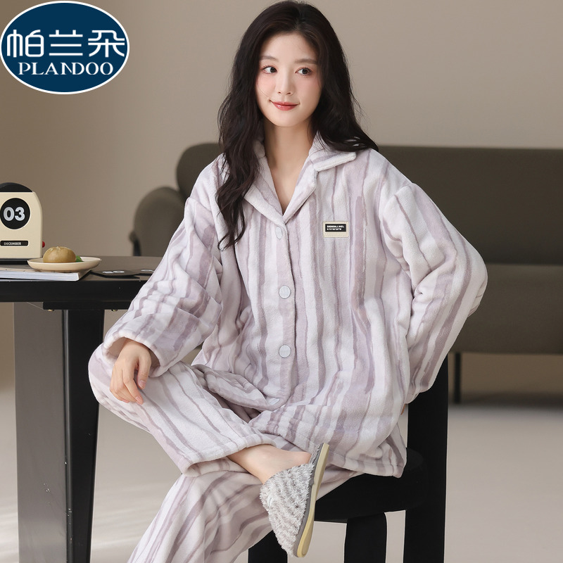 珊瑚绒睡衣女款秋冬季加厚法兰绒2025新款长袖开衫翻领条纹家居服