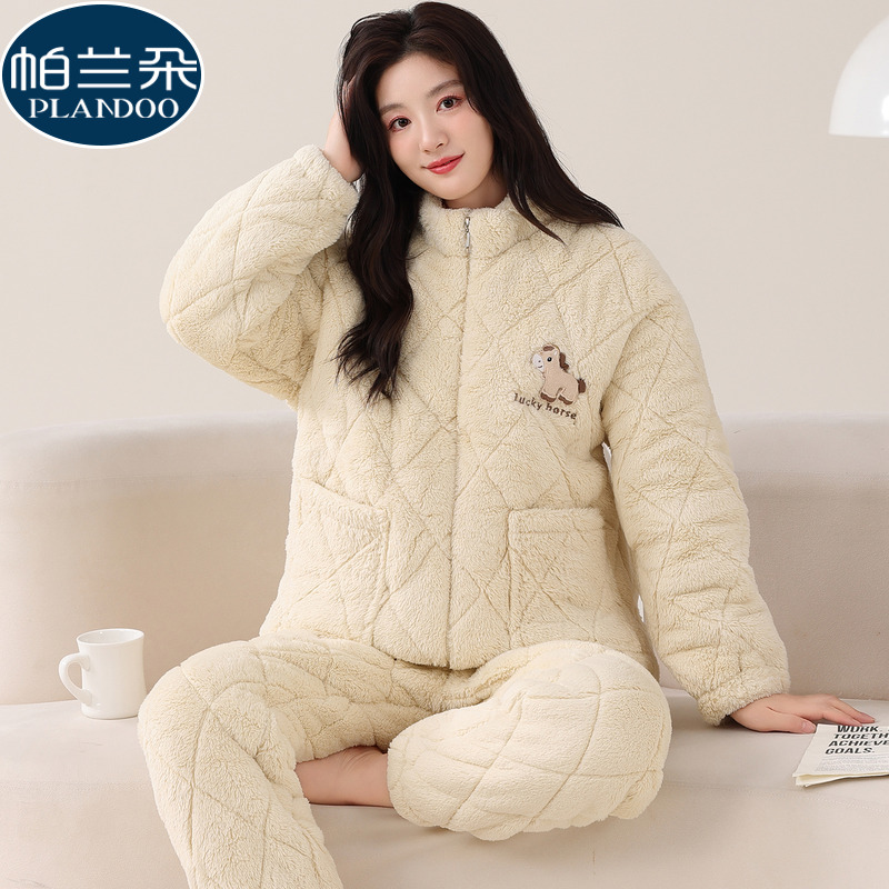 加厚加绒三层夹棉睡衣女士冬季珊瑚绒2025新款卡通家居服冬天套装