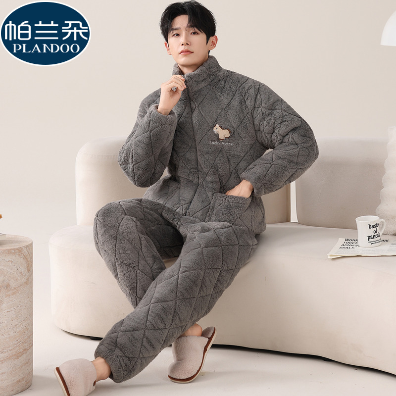 冬季睡衣男款珊瑚绒三层夹棉袄保暖法兰绒冬款加厚加绒卡通家居服