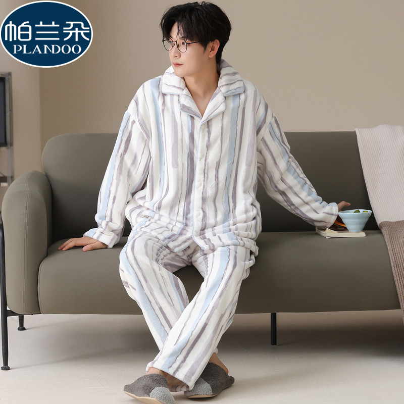 法兰绒睡衣男冬季加绒加厚长袖珊瑚绒2025新款秋冬款高级感家居服