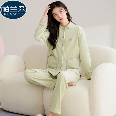海岛绒秋冬季睡衣女款珊瑚绒加绒加厚保暖女生休闲小清新家居服